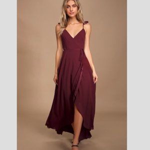Lulus Here's to Us Burgundy High-Low Wrap Dress Siz XS Bridesmaid Wedding Formal